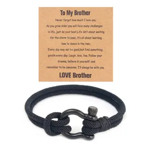 Bracelet homme en corde tressée noire avec manille en acier inoxydable et carte message