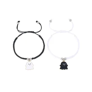 Handmade braided couple bracelets with cute ghost pendant black white matching jewelry gift
