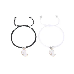 Handmade braided couple bracelets with cute ghost charms in black and white, adjustable.