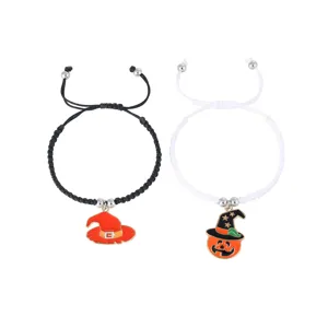 Halloween braided couple bracelets set with red witch hat and pumpkin charms for men and women