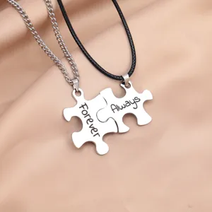 Stainless steel couple puzzle pendant necklace set with Forever and Always engraving