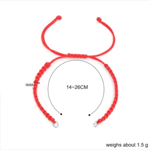 Detail view of DIY handmade flat knot red cord bracelet showing dimensions and weight spec.