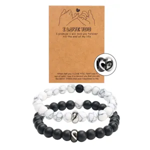 Set di bracciali di perle di coppia con ciondolo a cuore in acciaio inossidabile, pietre.