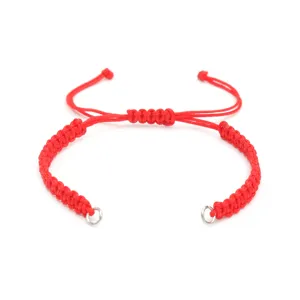 Handmade red braided cord semi-finished bracelet with adjustable knot and metal loops.