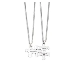 Stainless steel couple puzzle necklace set with engraved sweet love quotes in silver tone.
