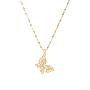 Collier Pendentif Papillon Doré en Acier avec Zircone Brillant Mode Femme Tendance