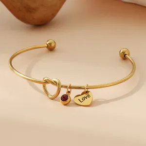 Bracelet jonc en acier inoxydable doré cœur pierre de naissance avec charm love femme
