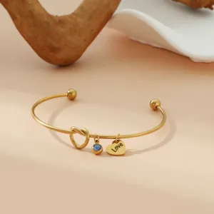 Bracelet jonc en acier inoxydable doré cœur pierre de naissance cadeau pour femme.