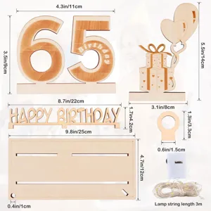 Ensemble de décoration de table d'anniversaire 65 ans en bois avec guirlande lumineuse LED.