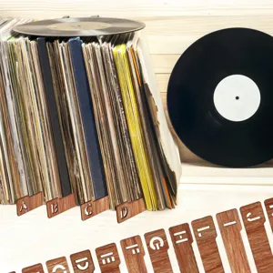 Séparateurs de disques vinyle en bois avec lettres alphabétiques pour le rangement.