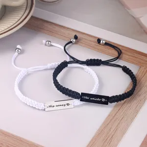 Personalized Stainless Steel Engraved Couple Bracelets Hand Woven Rope Bracelet For Him And Her Matching Wristband Jewelry Gift