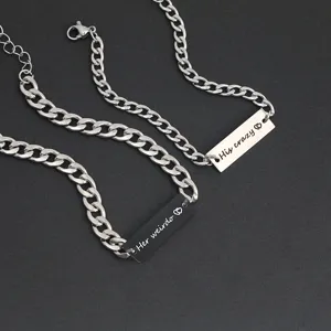 Stainless steel couple chain bracelets detail, black and white engraved tags, romantic couple jewelry