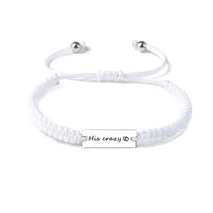 Stainless steel white woven rope couple bracelet with engraved metal plate charm adjustable.