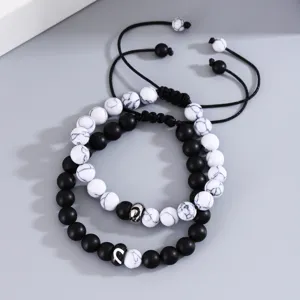 Set di bracciali di coppia perle opache nere e pietra bianca regolabile regalo gioiello
