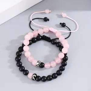 Coppia abbinata cuore fascino perle bracciali set nero rosa pietra corda regolabile gioielli