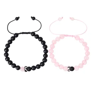 Set di bracciali di coppia con perline nere opache e perline di cristallo rosa, regolabile.
