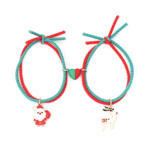 Ensemble de bracelets de couple tressés magnétiques de Noël avec père Noël et renne.