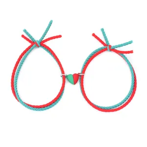 Bracelets Magnetiques Couple Rouge Vert Noel Coeur Charm Corde Main Bijoux Cadeau Amoureux
