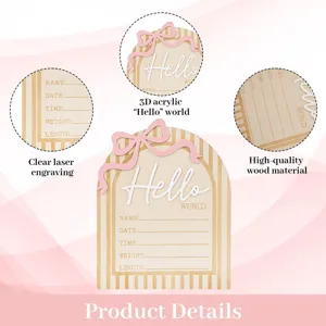 Detailed view of newborn milestone card showcasing laser engraving and 3d acrylic hello text.