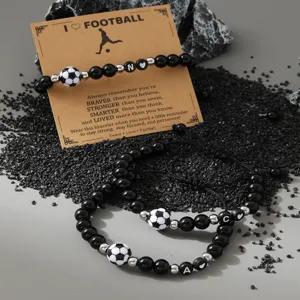 Men's handmade beaded football bracelet with 8mm black beads and motivational card.