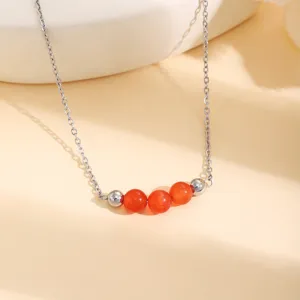 Collier de perles en pierre d'œil de chat orange en acier inoxydable minimaliste pour femmes.