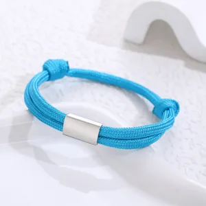 Blue woven paracord bracelet with stainless steel metal bar unisex adjustable wristband