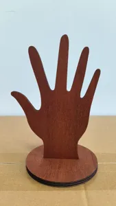 Wooden hand jewelry display stand detail view, creative ring and bracelet holder organizer.