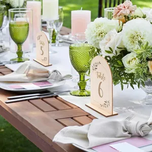 Wooden wedding table number sign 3D arch double-sided desktop decor for party event setup.