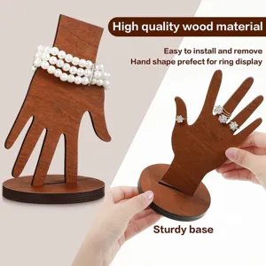 Wooden hand jewelry display stand for rings bracelets necklace organizer desktop decor.