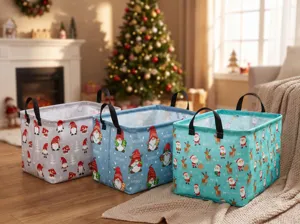 Panier de rangement en tissu de Noël détail, organiseur pliable imperméable pour vêtements et jouets.