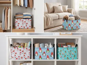 Panier de rangement de Noël détail avec motif festif de lutin et renne pour organiser la maison.