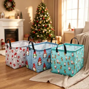 Panier de Rangement de Noël en Toile Pliable Imperméable Bac à Jouets Avec Poignées Père Noël Renne Gnomes Imprimé Décoration Festive de Maison