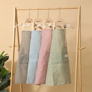Baumwolle Leinen gestreifte Küchenschürze Haushalt Kochen Latzschürze mit Taschen bunt.