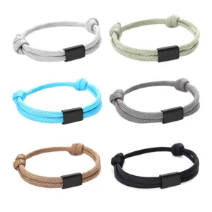 Handmade Woven Paracord Stainless Steel Bracelet For Men Women Adjustable Geometric Tube Charm Minimalist Fashion Jewelry Wristband