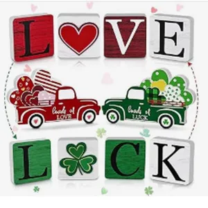 Wooden tiered tray decor set featuring Love and Luck blocks and holiday pickup truck items.
