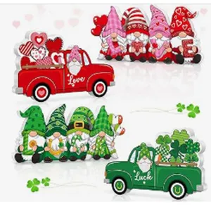 Valentine St. Patrick Day Tiered Tray Wood Decor Gnome Truck Table Centerpiece Set