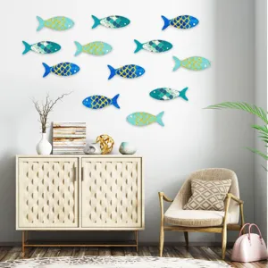 Ensemble de décoration murale en bois de poisson, ornements suspendus de style océan pour salon.