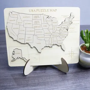 Détail de carte de puzzle USA gravée au laser en bois 3D, jouet éducatif et déco.