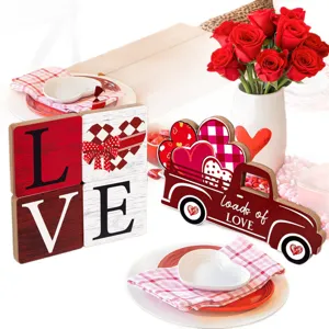 Valentine's Day wooden tabletop decor set featuring LOVE blocks and truck design.