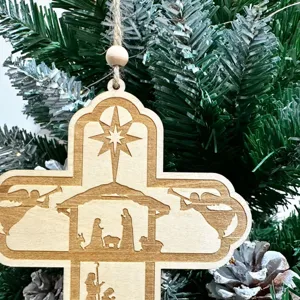 Adorno colgante de madera con cruz de natividad decoracion de arbol de navidad