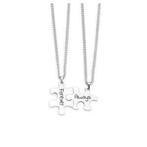 Stainless steel couple puzzle necklace set with engraved forever always letters detail.