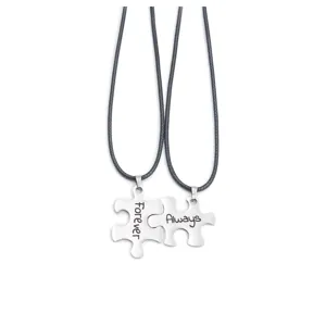 Stainless steel puzzle couple necklace set, matching forever always pendant jewelry for lovers.