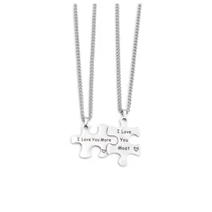 Stainless steel couple puzzle necklace, matching lovers pendant jewelry with engraved romantic text.