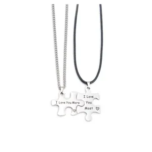 Stainless steel puzzle couple necklace matching set for lovers with engraved love message.
