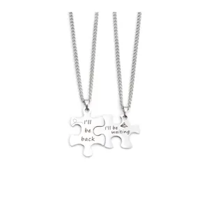 Stainless steel puzzle couple necklace matching pendants set with engraved romantic text.