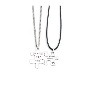 Stainless steel couple puzzle necklace set, matching interlocking pendant jewelry details.