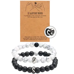Bracciale da Coppia a Cuore in Acciaio Inossidabile Braccialetto con Perline in Turchese Bianco e Pietra Opaca Nera Set Regalo
