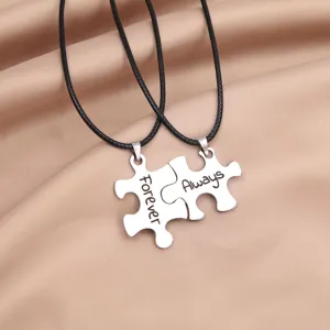 Stainless steel puzzle couple necklace detail, engraved forever always matching pendant set.