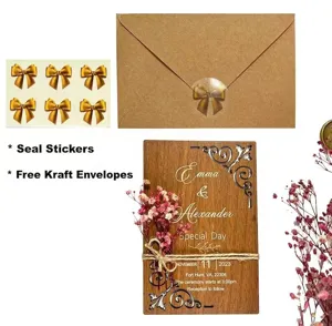 Wooden wedding invitation card detail with preserved flowers, laser cut patterns, and kraft envelope.
