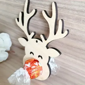 Wooden reindeer chocolate holder detail view showing cute Christmas holiday decoration design.